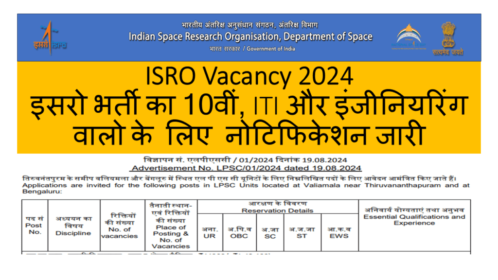 ISRO Vacancy 2024: इसरो भर्ती का 10वीं, ITI और इंजीनियरिंग वालो के लिए नोटिफिकेशन जारी