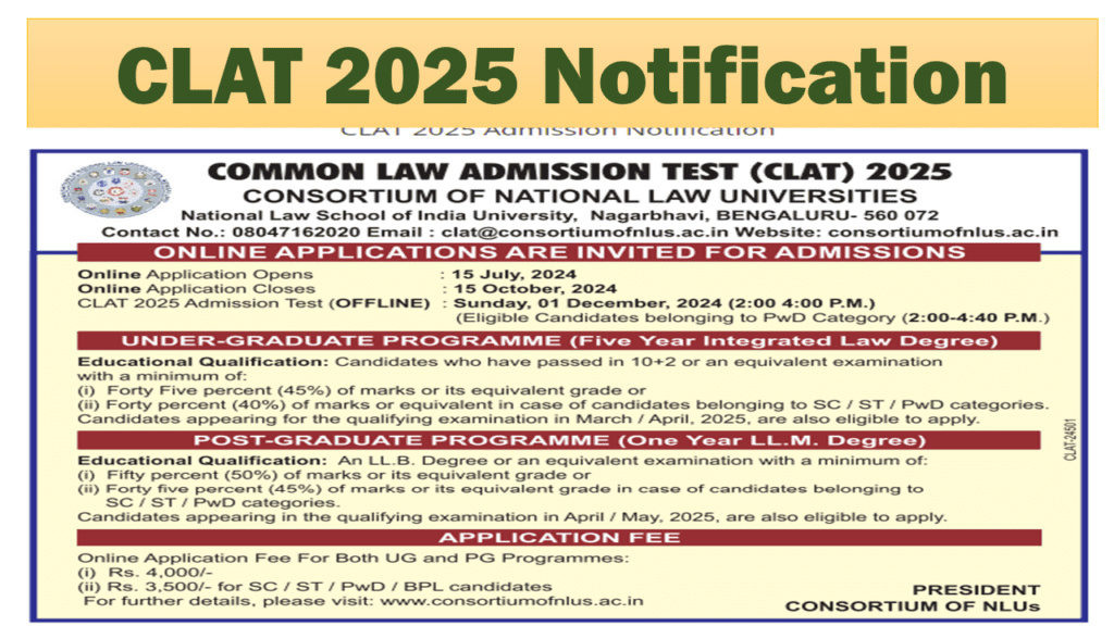 CLAT 2025 Notification कॉमन लॉ एडमिशन टेस्ट अधिसूचना